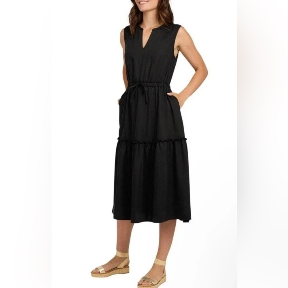 LANDS END Women's Black Sleeveless Tiered Midi Dress in Size LARGE